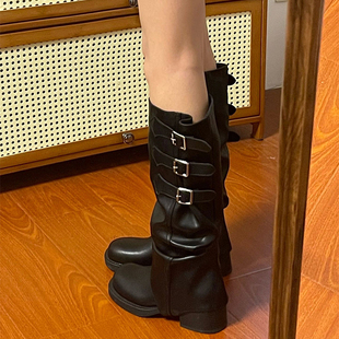 酷酷的!黑色高筒靴2023小众，设计可拆卸不过膝骑士靴时装靴女