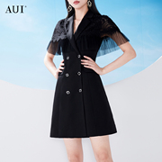 AUI黑色设计感西装连衣裙女2023夏高级气质职业小众蕾丝a字裙