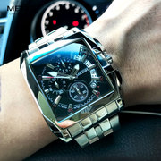 男士方形手表时尚商务钢带霸气大表盘多功能计时防水名牌石英腕表