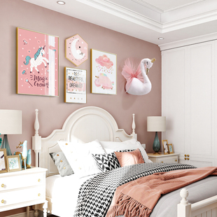 北欧儿童房装饰画女孩，公主房间卧室床头，背景墙挂画创意壁画粉色