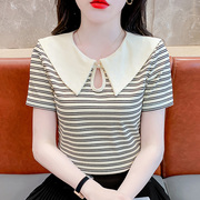 设计感条纹娃娃领纯棉短袖t恤女夏2024盘扣时尚修身洋气上衣