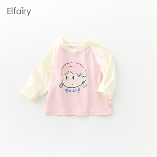 elfairy女童卫衣可爱长袖t恤儿童圆领小女孩打底衫，纯棉女宝宝春装