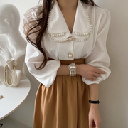 韩国chic法式减龄娃娃领珍珠点缀长袖，衬衫+高腰显瘦大摆型半身裙