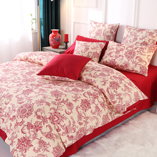 红蔓藤贡缎全棉四件套红，瓷婚庆酒红美式印花床单被套喜被床笠床品