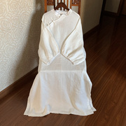 夏季中国风白色亚麻连衣裙中式复古立领斜襟盘扣宽松大码袍子长裙
