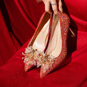 法式主婚纱婚鞋神器高跟红色亮片水晶鞋细跟新娘礼服旗袍结婚鞋子
