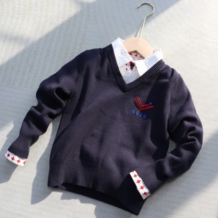 春秋男童100-160v领针织衫毛衣，纯色刺绣套头长袖打底上衣