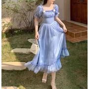 法式蓝色泡泡袖连衣裙夏季在逃公主古着vintage裙子仙女超仙森系