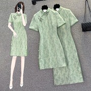 大码女装2023夏季韩版微胖妹妹气质改良旗袍绿色雪纺连衣裙女