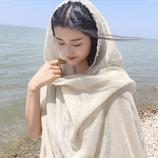 小众沙漠盐湖丝巾纯色，遮阳披肩纱巾棉麻，长款纯色蕾丝拼接度假头巾