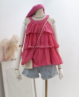 玫红色法式娃娃衫，2023夏季女装少女宽松荷叶边拼接上衣无袖雪纺衫