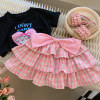 spring韩国童装夏季亲子装，粉色蝴蝶结格子亲子裙，女童可爱褶皱短裙