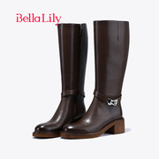 BellaLily2024春季增高牛皮骑士靴女棕色高筒靴显瘦时装长靴