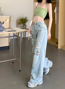 花朵刺绣破洞牛仔裤女夏季韩版2023设计感高腰显瘦阔腿长裤子