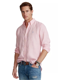 美国RL男装Polo经典长袖亚麻衬衫商务休闲新粉色深蓝白