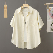 奶黄色小个子衬衫外套女夏季纯棉透透气休闲宽松短袖衬衣开衫上衣