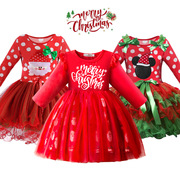 圣诞节女孩服装可爱卡通圣诞老人印花公主裙儿童节日演出礼服