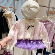 蕾丝网纱拼接毛衣秋冬季洋气公主上衣配凸凸裙蓬蓬裙上装女童紫色