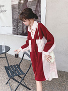 红色条纹拼接连衣裙女2024春秋气质宽松显瘦小众设计感衬衫裙