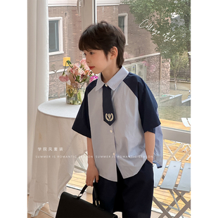 虾酱麻麻男童学院风衬衫套装，夏季2024中大童，短袖韩系儿童套装