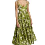 夏季绿色碎花裙吊带，印花v领收腰显瘦大裙摆性感连衣裙性感风