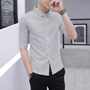 夏季条纹中袖衬衫男韩版修身短袖寸衫男装潮流半袖，休闲七分袖衬衣