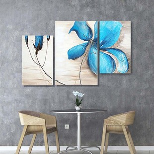 手绘油画蓝色花卉现代餐厅卧室床头客厅沙发背景墙三联无框装饰画