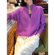 紫色高领拉链毛衣外套女秋季高级感超好看软糯慵懒风小众针织开衫
