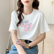 夏季白色冰丝短袖t恤女士2024宽松圆领韩版独特高级漂亮半袖