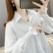 白色灯笼袖衬衫，女宽松中长款韩版衬衣，2022春秋泡泡袖气质上衣