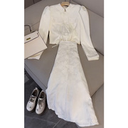 新中式女装辣妹绝美清纯小个子长袖，白色旗袍连衣，裙子两件套装秋季