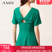 amii2024夏季长裙短袖修身法式收腰露背扭结v领雪纺连衣裙子