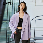 uti淡紫色坑条西装外套女 时尚休闲贴标外塔上衣尤缇2023春季