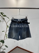 安娘韩国off-michly女装2024年夏季直筒，腰带蓝色牛仔短裤