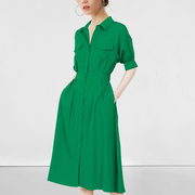 纯棉时尚女装绿色连衣裙，2023夏遮肉显瘦衬衫裙收腰中长款a字