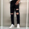 黑色破洞牛仔裤男弹力2024夏季韩版时尚修身小直筒个性休闲裤