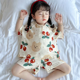 夏季宝宝棉纱家居服套装，薄款男童女童空调，服纱布亲子短袖睡衣网红