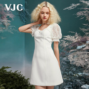 VJC/威杰思女装春夏抹胸连衣裙灯笼袖短袖蕾丝珍珠白色