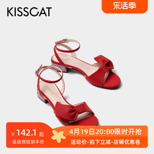 KISS CAT/接吻猫夏款蝴蝶结一字扣带丝绸羊皮凉鞋女鞋KA21302-10