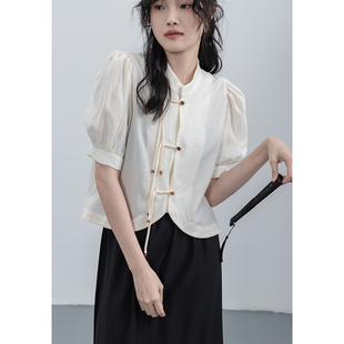 觅定新中式盘扣上衣女装夏季黑色，国风复古设计感小众白色短袖衬衫