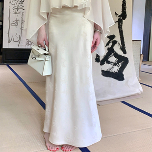 fairyjiang夏季新中式国风提花，缎面白色高腰半身裙，显瘦包臀长裙子