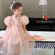 女童中式旗袍连衣裙夏季洋气女孩中国风儿童法式泡泡袖公主裙