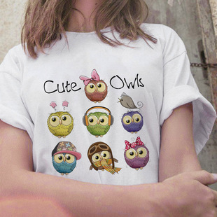 cute owl可爱卡通猫头鹰萌宠甜美亲子装T恤女修身印花打底衣纯色