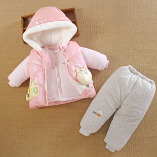 0一1岁女宝宝冬装外出加厚棉衣袄三件套分体款羽绒婴儿服外套装季