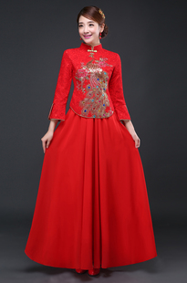 敬酒服新娘旗袍中国风，2023春秋季大红色，蕾丝雪纺长袖秀禾礼服