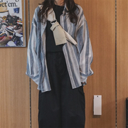 mrdong韩国男女款轻薄亚麻混纺，设计师竖条纹，防晒阔版长袖衬衫
