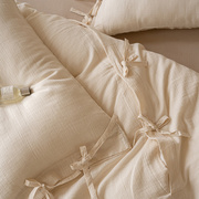 双层纱色织提花四件套绑带式被套枕套床单床笠款1.51.8米床米驼色