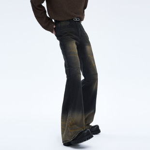 锈色复古微喇牛仔裤男拼接设计感男生小众潮牌加长版，高个子(高个子)裤子