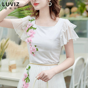 韩版短袖t恤女淑女仙女蕾丝春夏上衣方领立体花朵洋气白色小衫