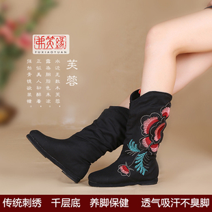 老北京布鞋女冬季女靴，加绒棉鞋民族风女鞋，绣花鞋千层底平底高筒靴